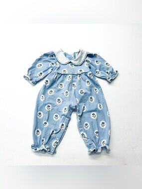 Serendipity Blue Floral Baby One-Piece with Peter Pan Collar Snap Up Ruffle